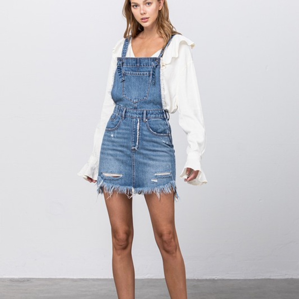 Denim Raw Hem Overall Skirt Dress